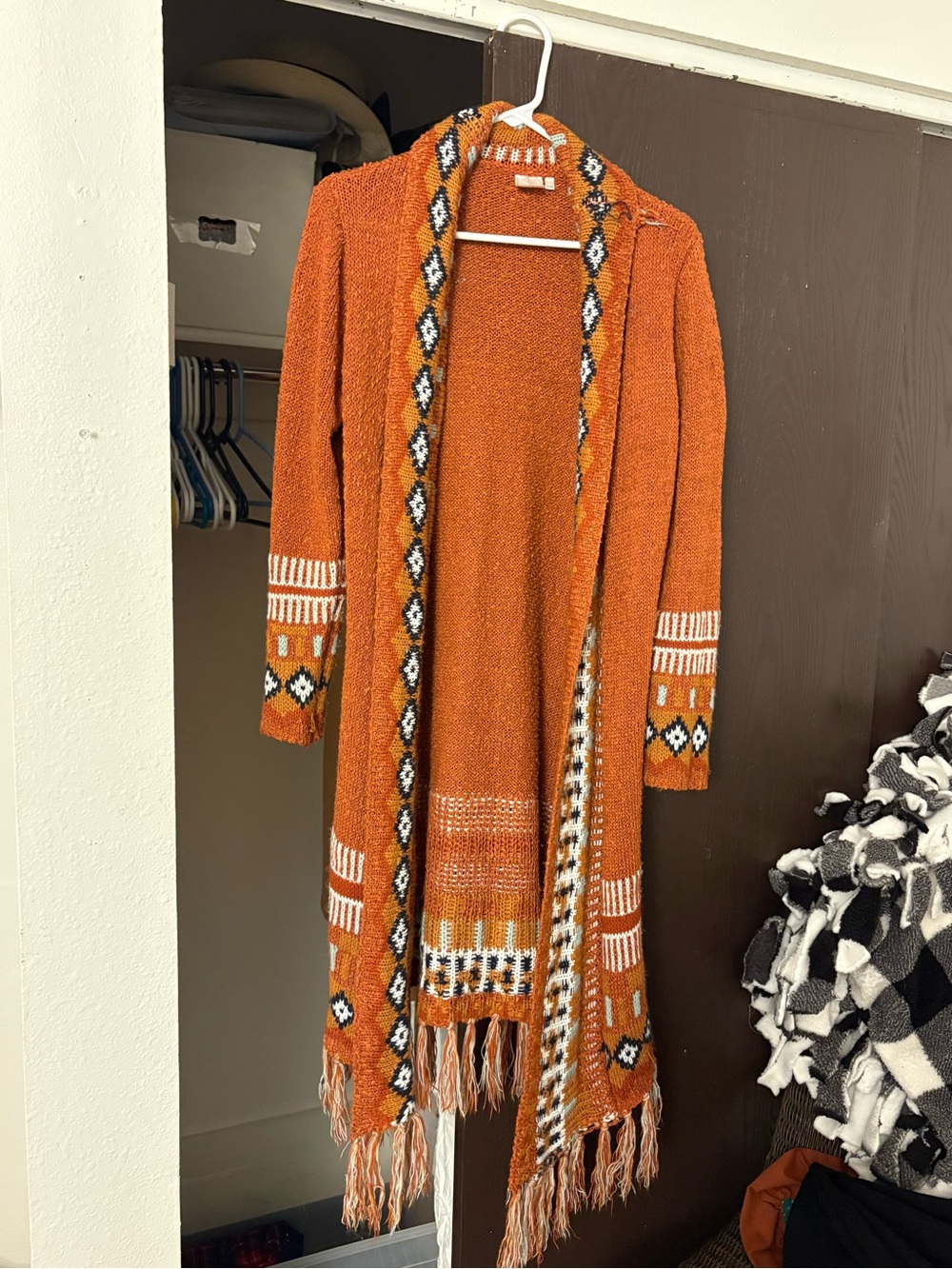 R Apparel Burnt Orange Aztec Boho Fringe Long Duster Cardigan S/M